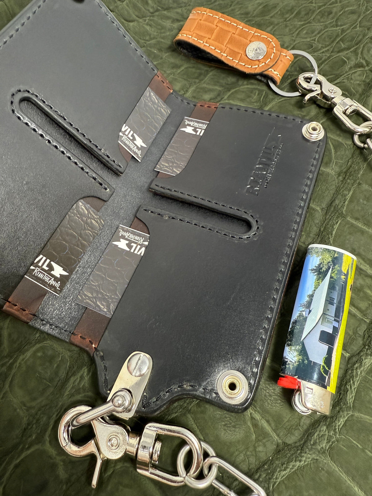 G4 Long Biker Chain Wallet, Chain &amp; Loop Combo Set - Tan Basket Weave - Anvil Customs
