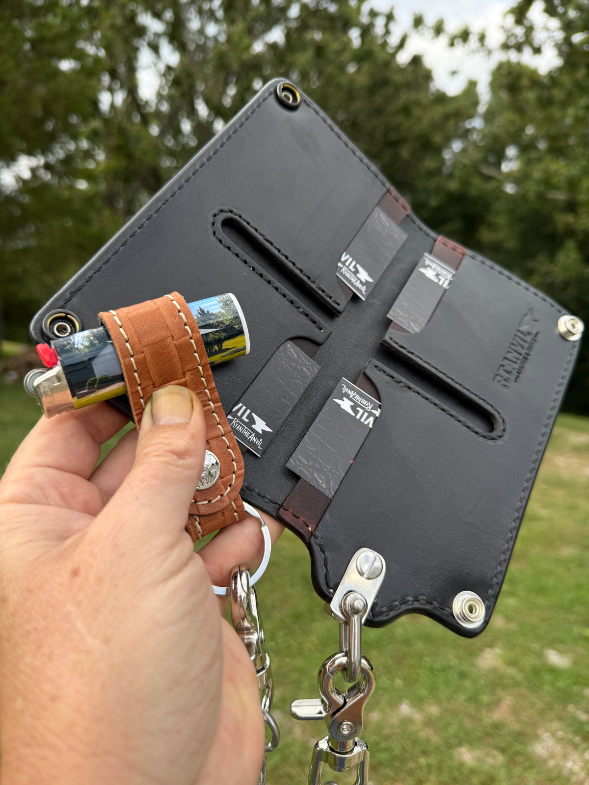 G4 Long Biker Chain Wallet, Chain &amp; Loop Combo Set - Tan Basket Weave - Anvil Customs