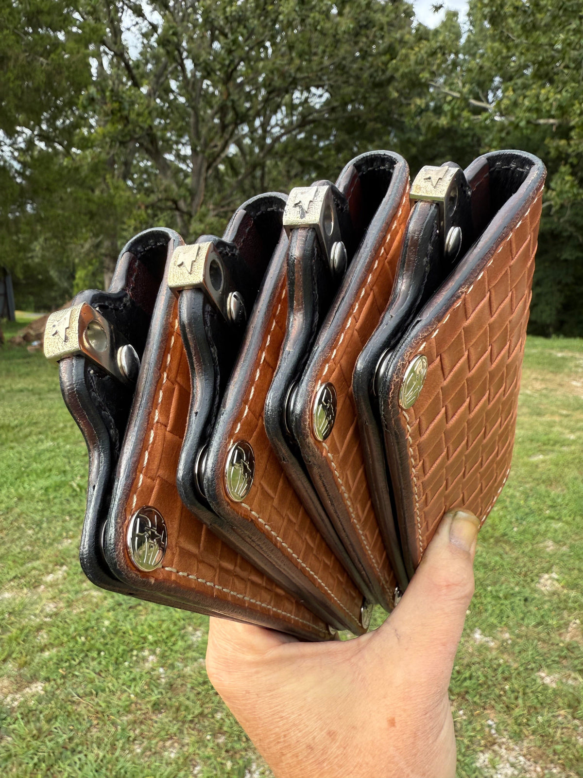 G4 Long Biker Chain Wallet, Chain &amp; Loop Combo Set - Tan Basket Weave - Anvil Customs