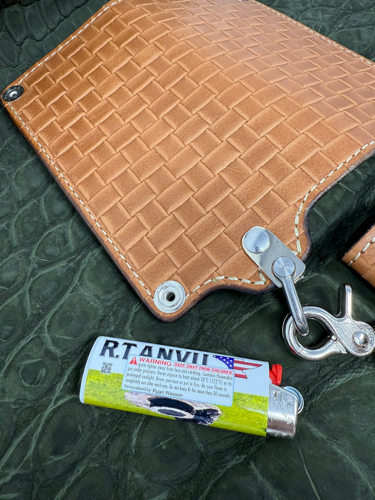 G4 Long Biker Chain Wallet, Chain &amp; Loop Combo Set - Tan Basket Weave - Anvil Customs