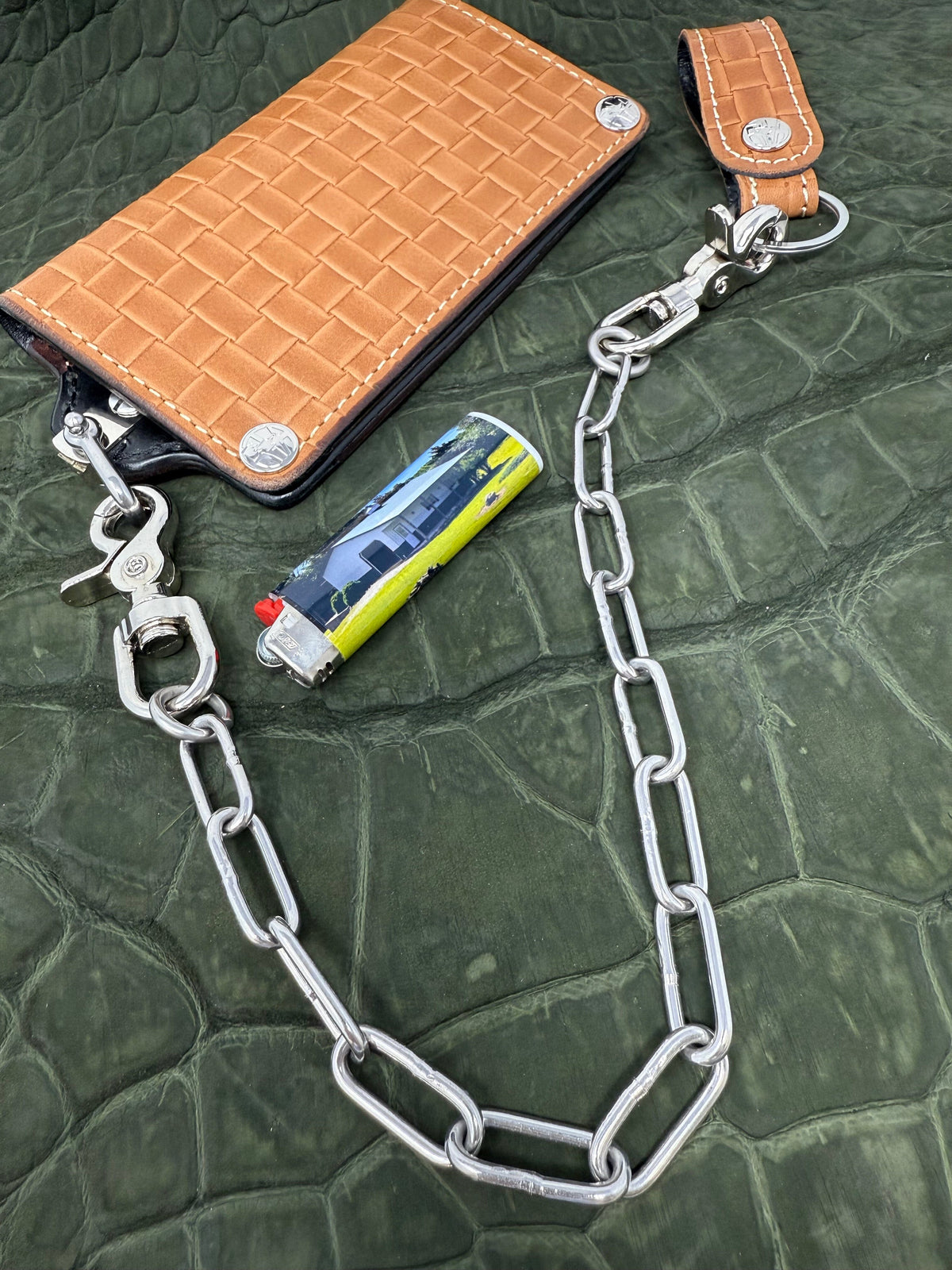 G4 Long Biker Chain Wallet, Chain &amp; Loop Combo Set - Tan Basket Weave - Anvil Customs