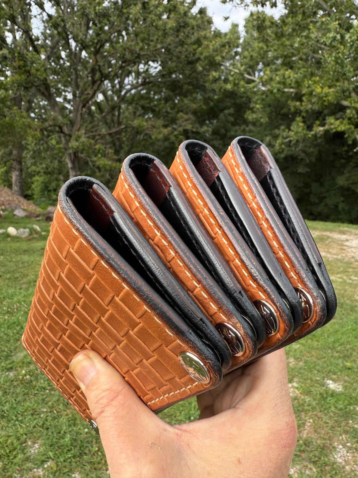 G4 Long Biker Chain Wallet, Chain &amp; Loop Combo Set - Tan Basket Weave - Anvil Customs