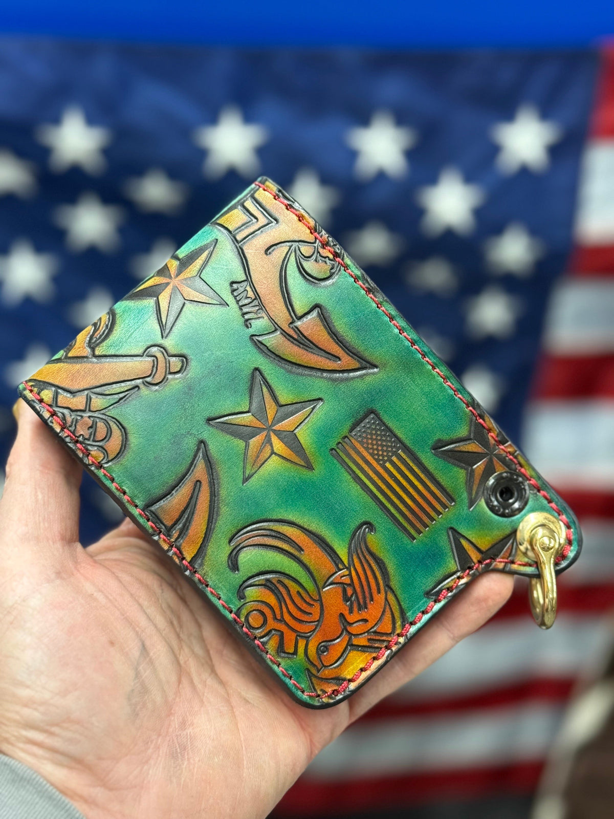Hand Stained Bifold Leather Chain Wallet - Hold Fast - Anvil Customs