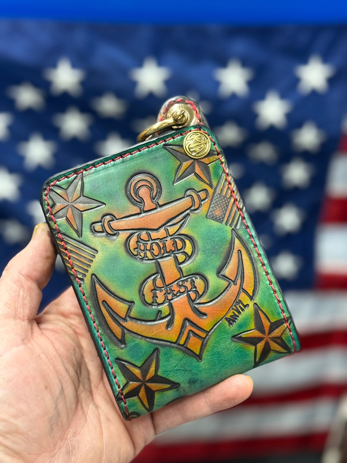Hand Stained Bifold Leather Chain Wallet - Hold Fast - Anvil Customs