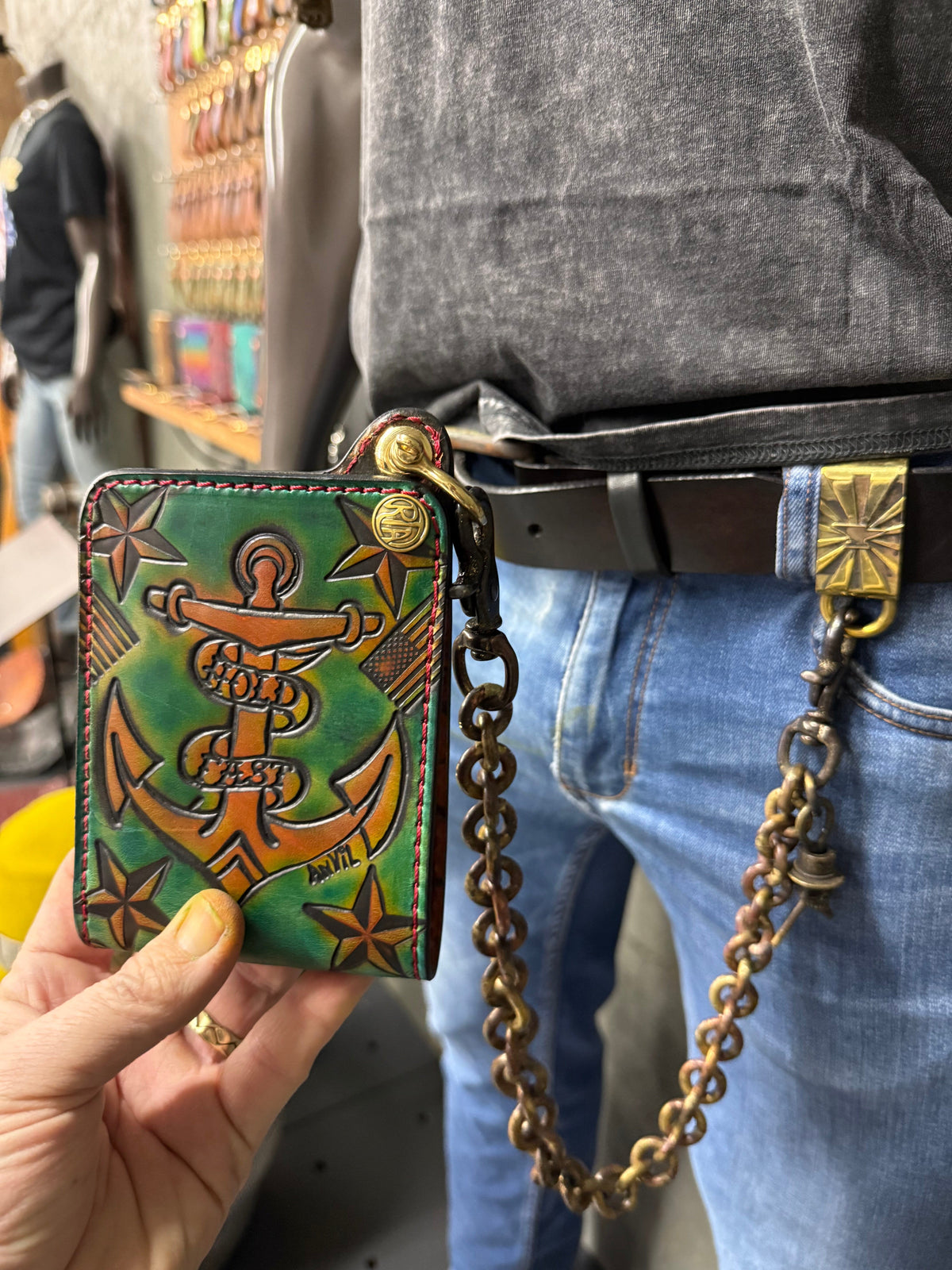 Hand Stained Bifold Leather Chain Wallet - Hold Fast - Anvil Customs