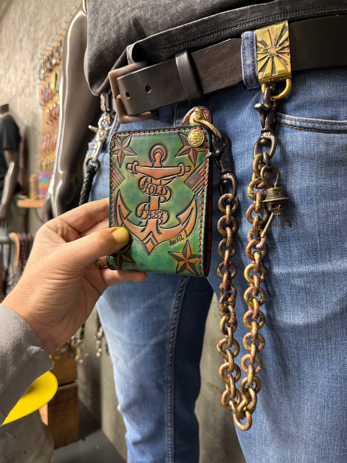 Hand Stained Bifold Leather Chain Wallet - Hold Fast - Anvil Customs