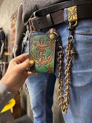 Hand Stained Bifold Leather Chain Wallet - Hold Fast - Anvil Customs