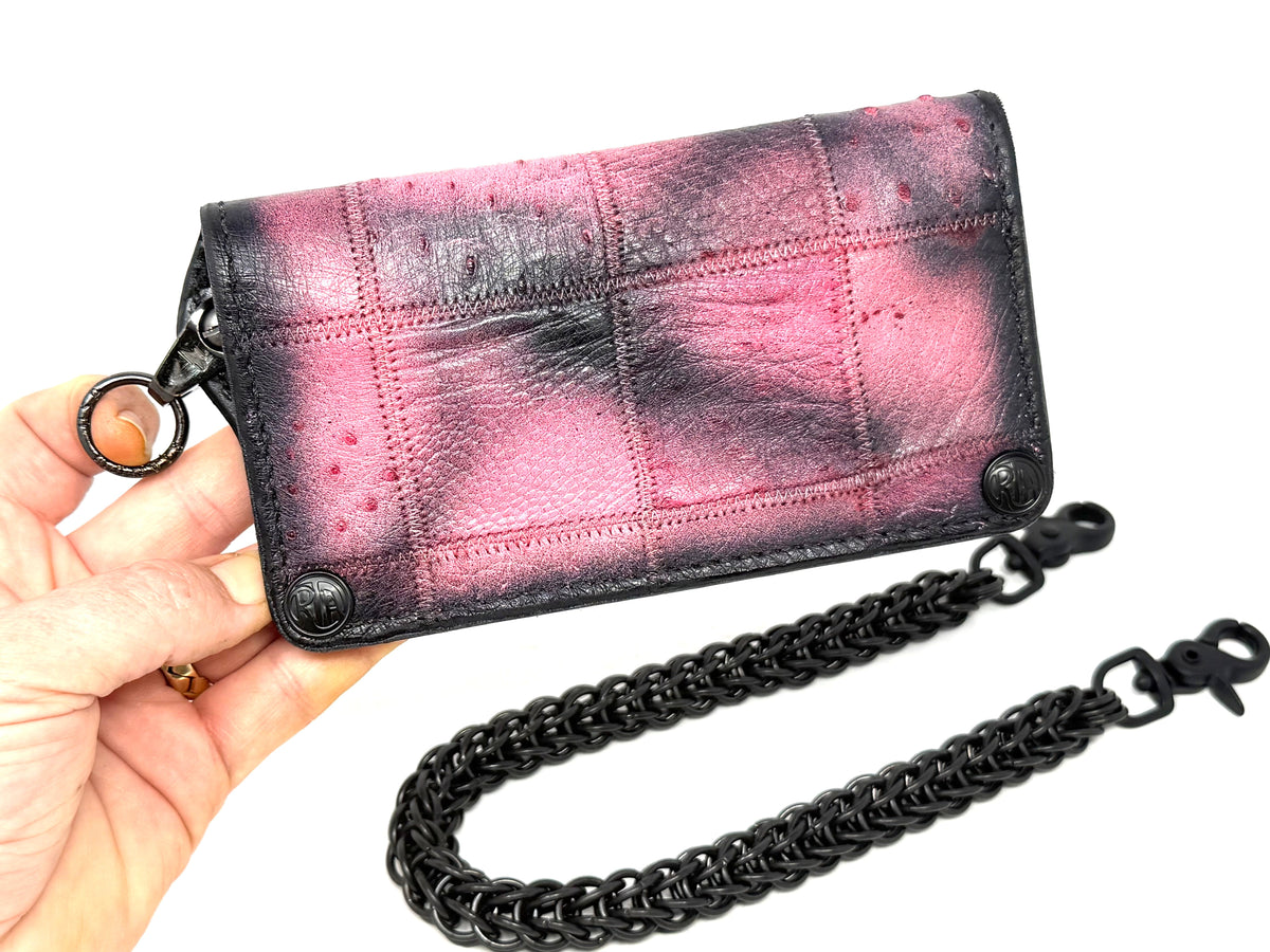 Long 5G Biker Leather Chain Wallet - “Asphalt Flamingo”