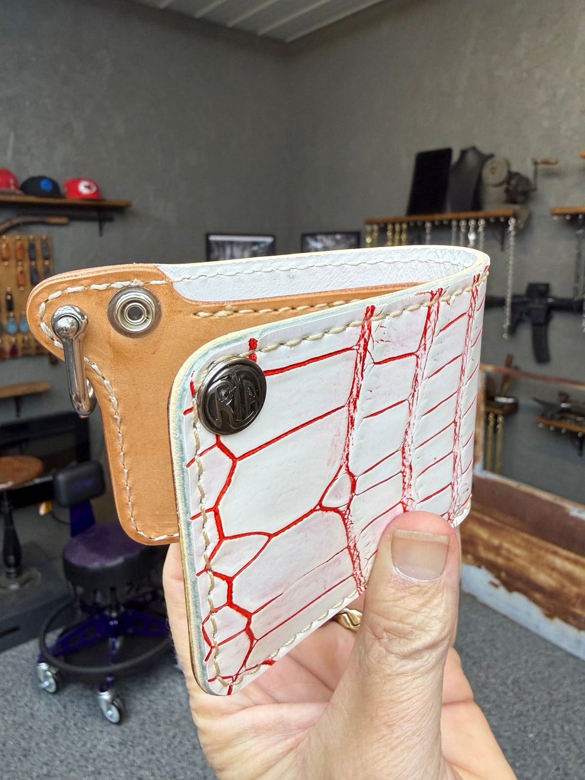 Mini Bifold Leather Chain Wallet - White/Red Alligator - Anvil Customs