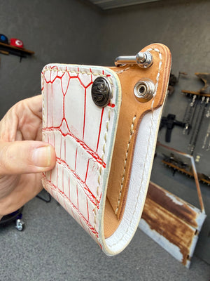 Mini Bifold Leather Chain Wallet - White/Red Alligator - Anvil Customs