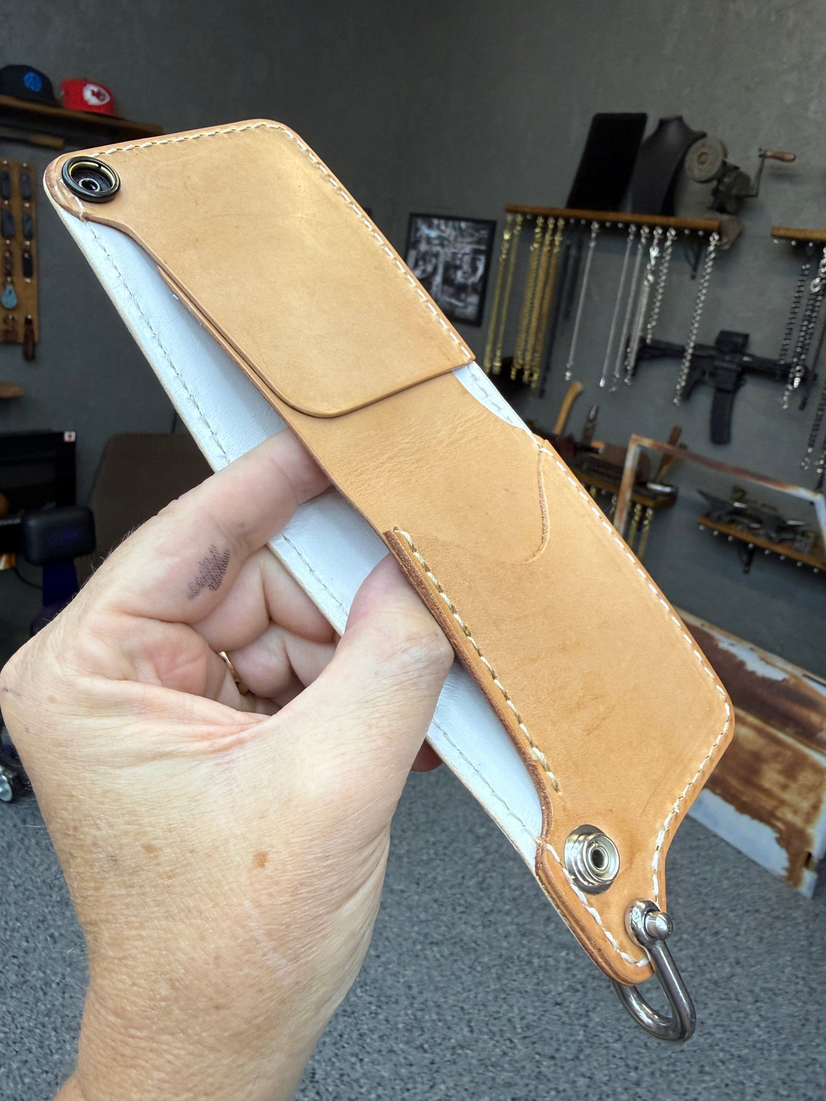 Mini Bifold Leather Chain Wallet - White/Red Alligator - Anvil Customs