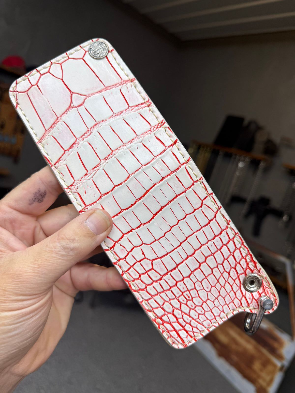 Mini Bifold Leather Chain Wallet - White/Red Alligator - Anvil Customs