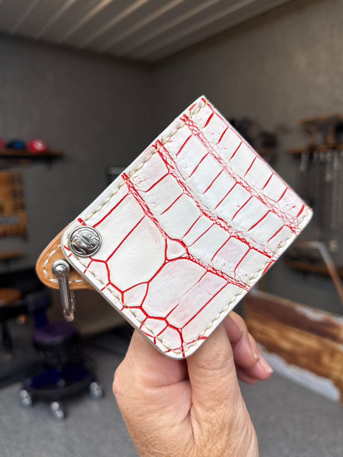 Mini Bifold Leather Chain Wallet - White/Red Alligator - Anvil Customs