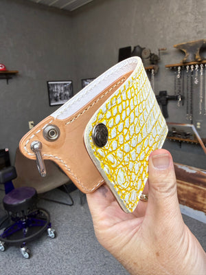 Mini Bifold Leather Chain Wallet - White/Yellow Alligator - Anvil Customs
