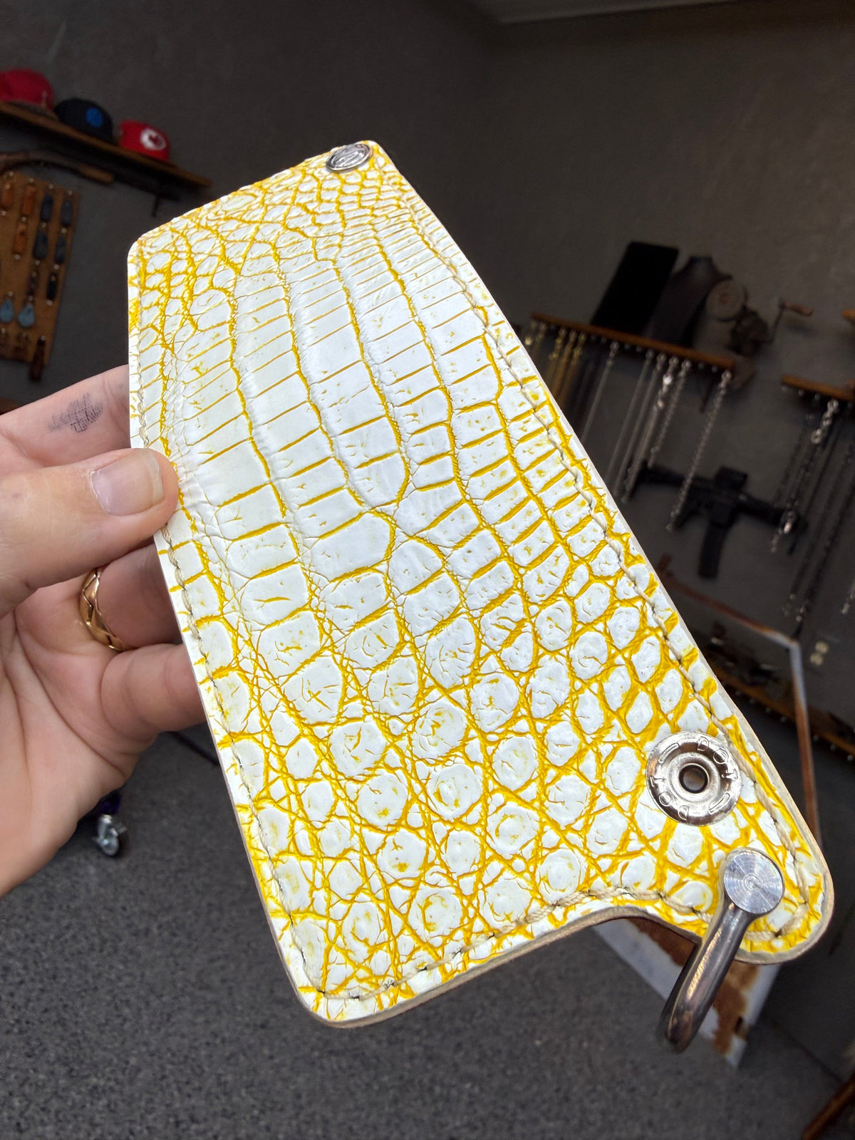 Mini Bifold Leather Chain Wallet - White/Yellow Alligator - Anvil Customs