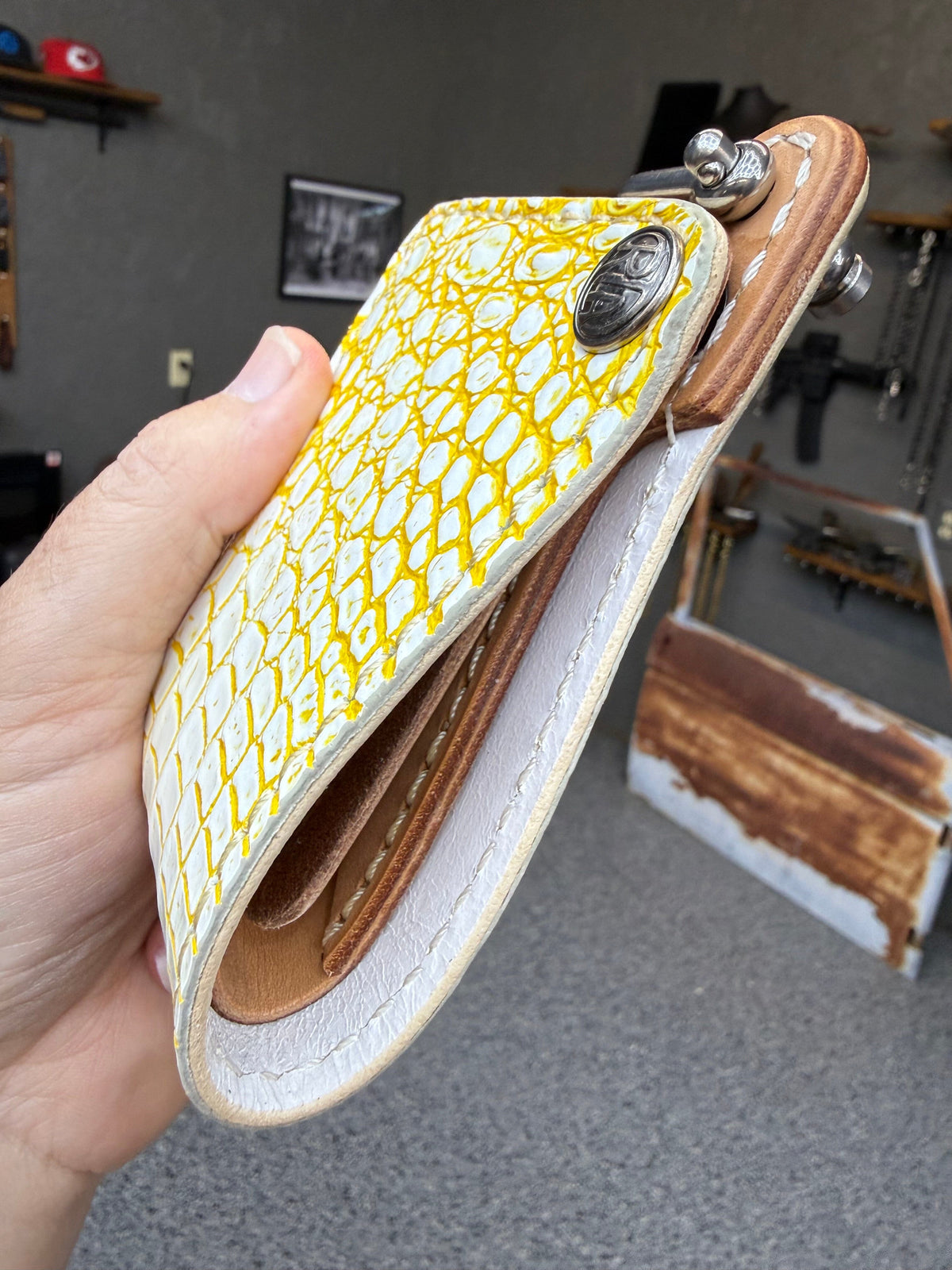 Mini Bifold Leather Chain Wallet - White/Yellow Alligator - Anvil Customs