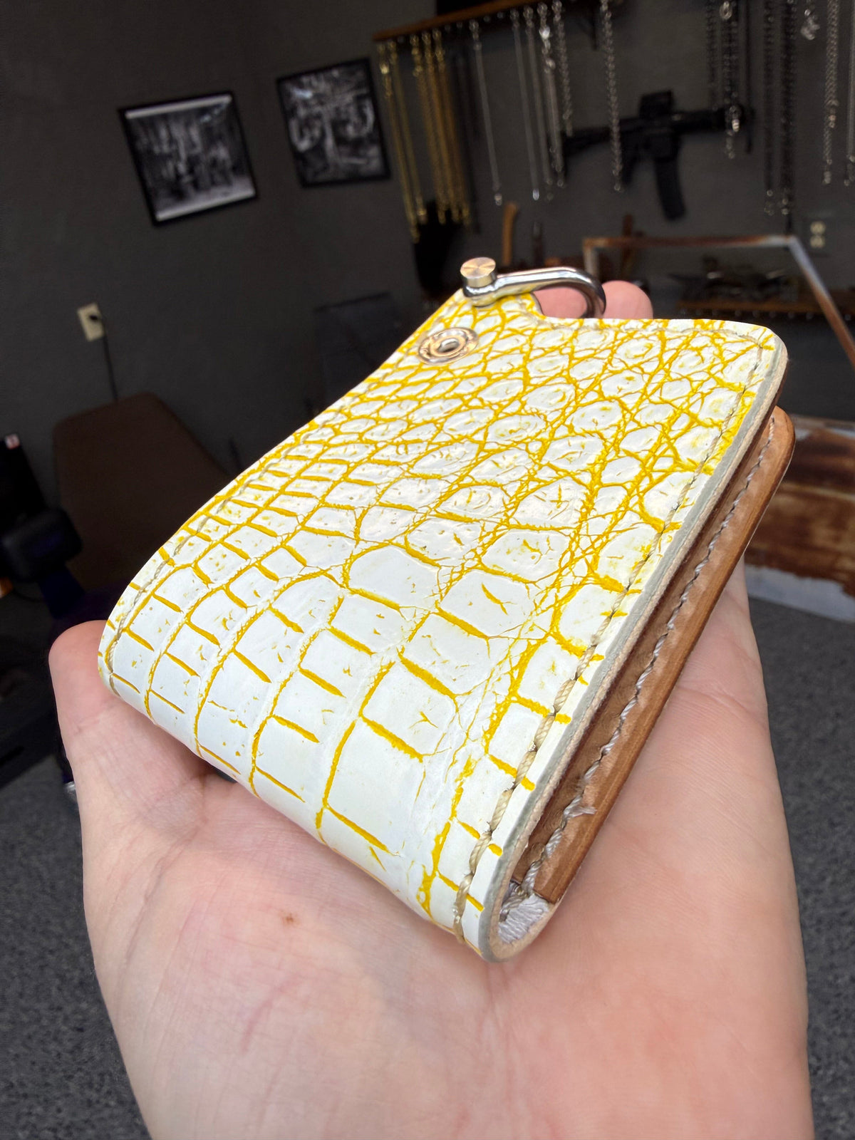 Mini Bifold Leather Chain Wallet - White/Yellow Alligator - Anvil Customs