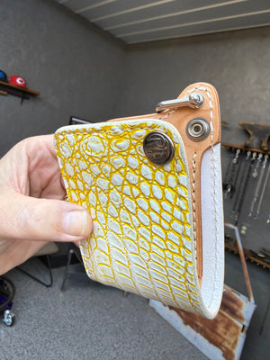 Mini Bifold Leather Chain Wallet - White/Yellow Alligator - Anvil Customs