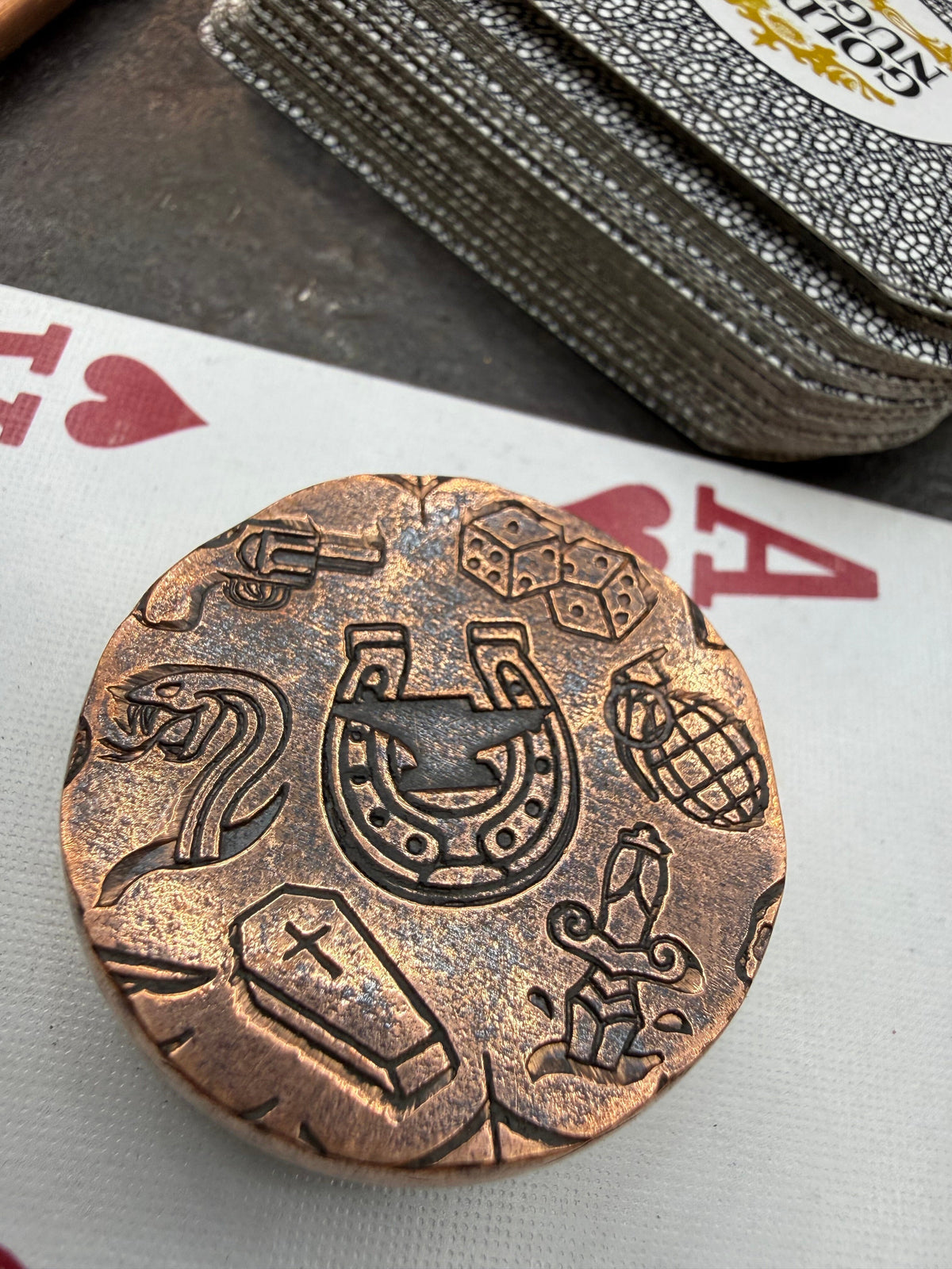 RTAnvil Original “Dead Man’s Hand” Copper Poker Card Guard - Anvil Customs