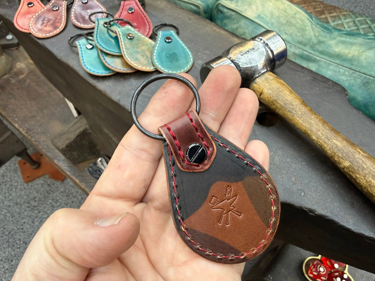 Teardrop Shell Cordovan Leather Key Fob - Marbled Burgundy - Anvil Customs