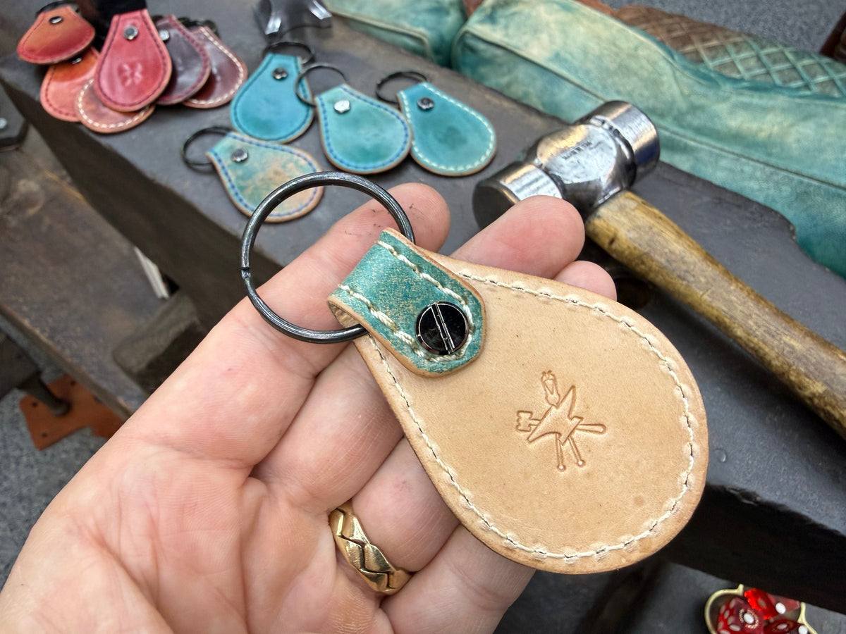 Teardrop Shell Cordovan Leather Key Fob - Marbled Turquoise - Anvil Customs