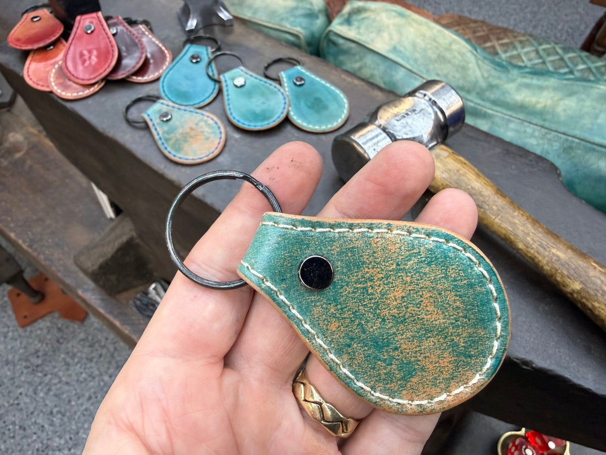 Teardrop Shell Cordovan Leather Key Fob - Marbled Turquoise - Anvil Customs