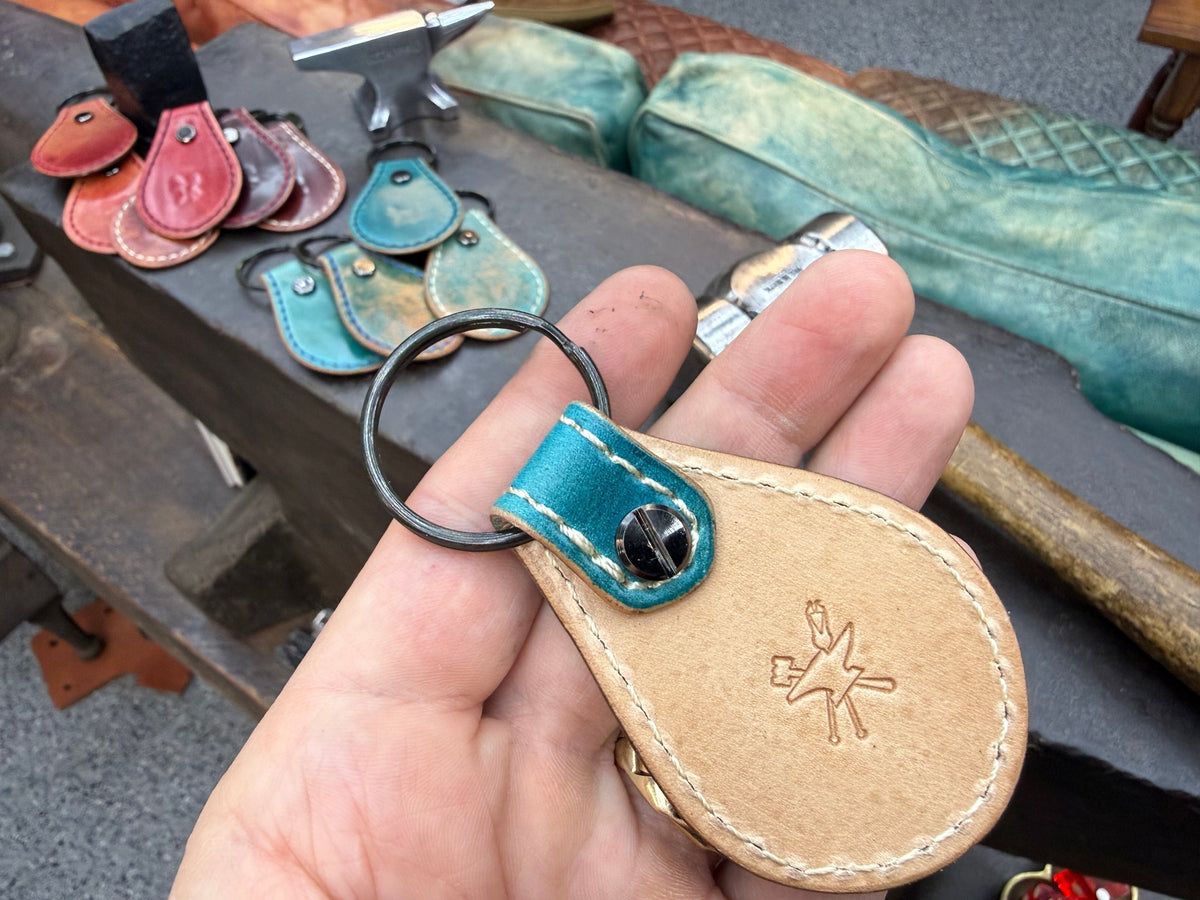 Teardrop Shell Cordovan Leather Key Fob - Marbled Turquoise - Anvil Customs