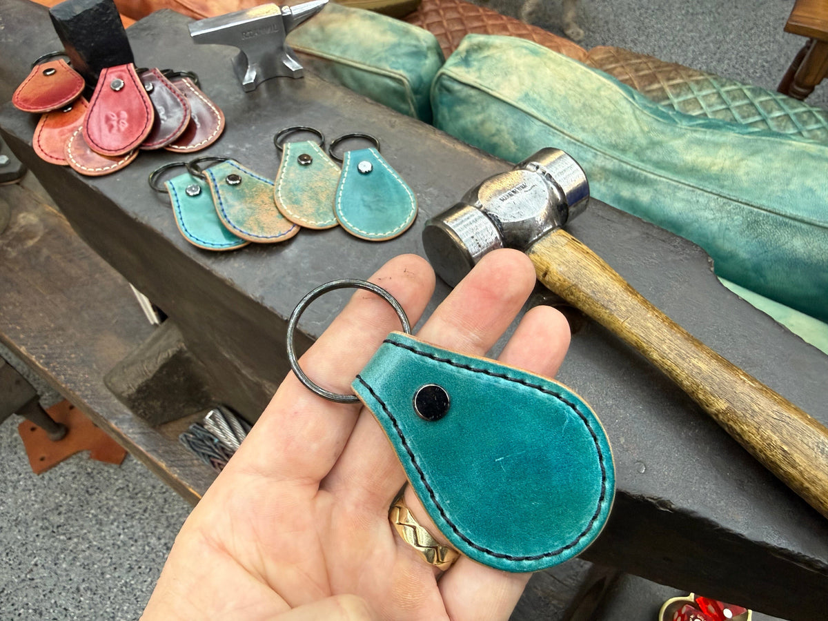 Teardrop Shell Cordovan Leather Key Fob - Marbled Turquoise - Anvil Customs