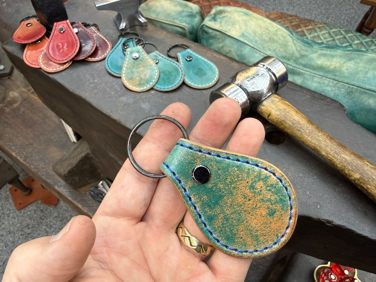 Teardrop Shell Cordovan Leather Key Fob - Marbled Turquoise - Anvil Customs