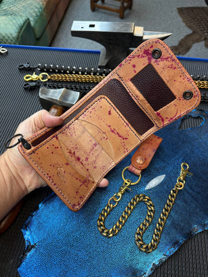 Trifold Leather Chain Wallet - Oxblood Splatter