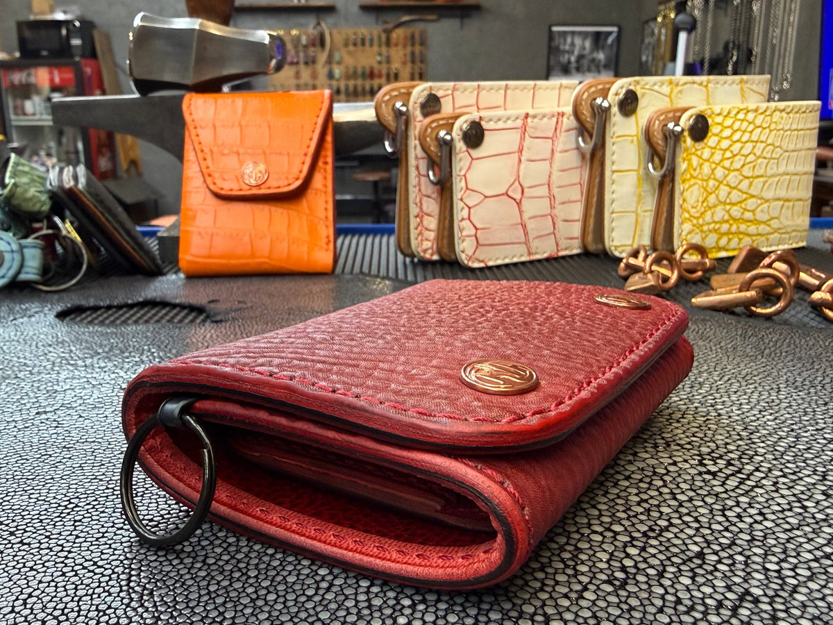 Trifold Leather Chain Wallet - Red Shark w/Red Kangaroo (Copy) - Anvil Customs