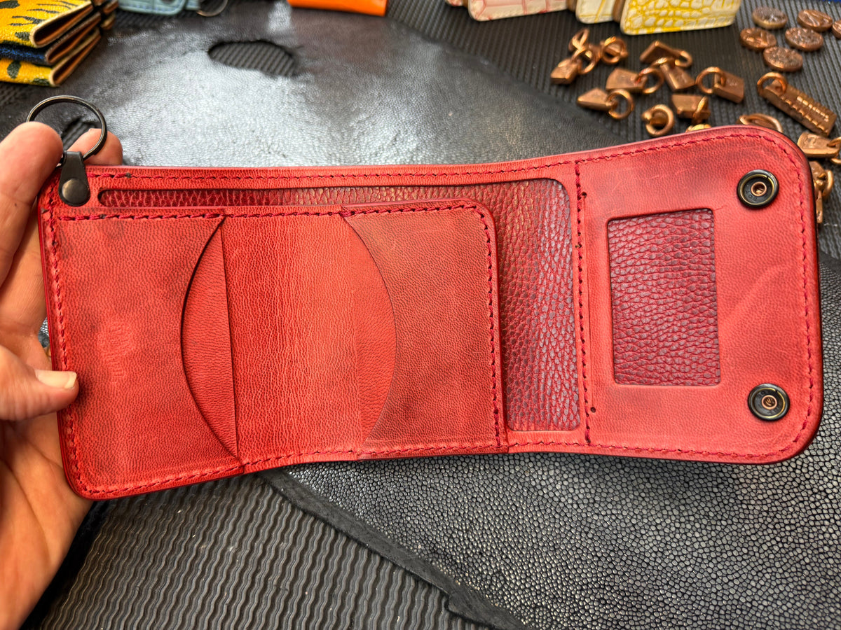 Trifold Leather Chain Wallet - Red Shark w/Red Kangaroo (Copy) - Anvil Customs