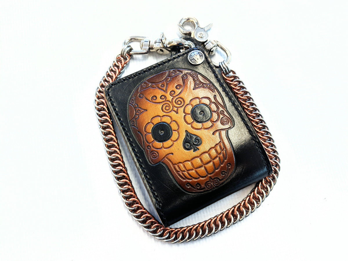 Hand Stained Bifold Leather Chain Wallet - Sunburst Sugar Skull - Anvil Customs